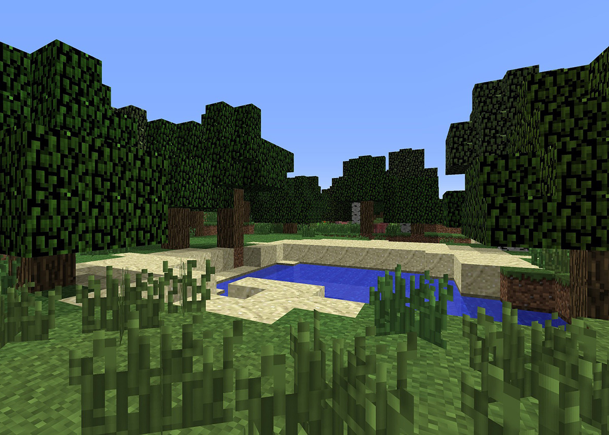 Ein kleiner See inmitten von Wiese und Bäumen in der Minecraft-Welt